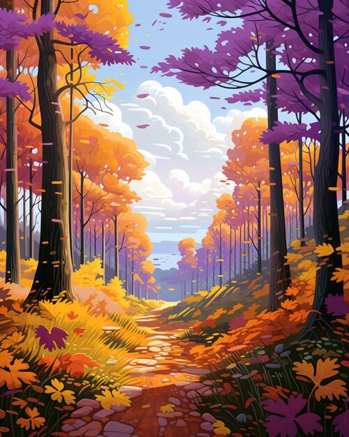 A painting of a path in a colorful forest with trees generative ai