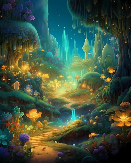 A painting of a path in a fantasy world.