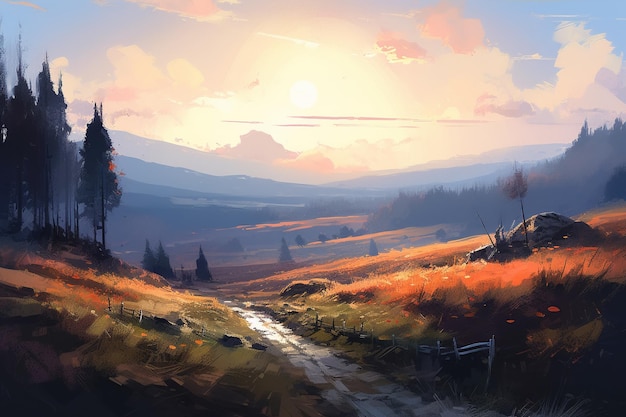 夕日を背景に野原の小道を描いた絵。