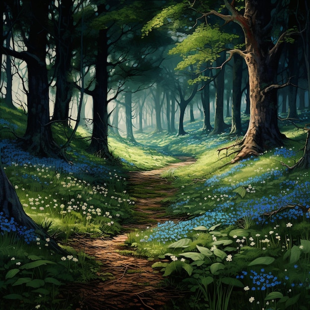 anime scenery of a forest with a path and flowers. generative ai