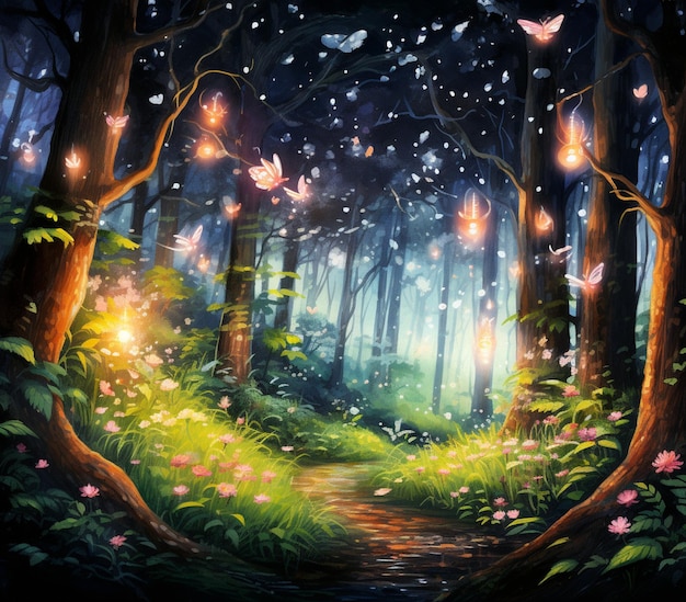 Photo painting of a path in a forest with butterflies flying around generative ai