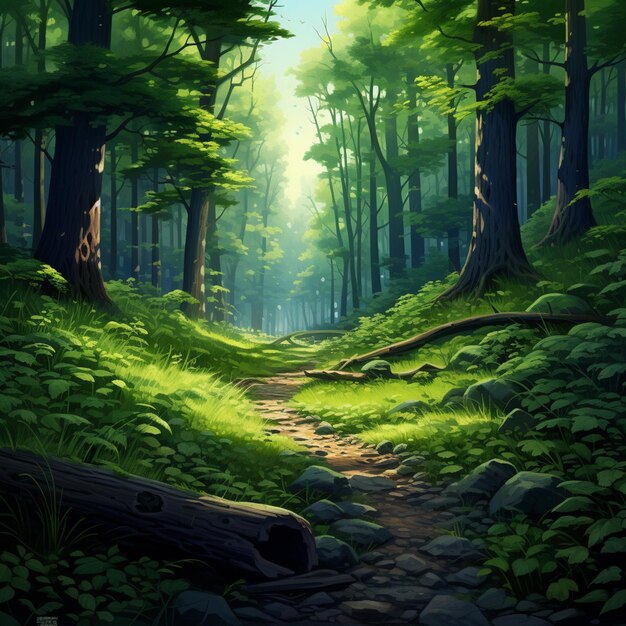 anime scenery of a forest with a path and trees. generative ai