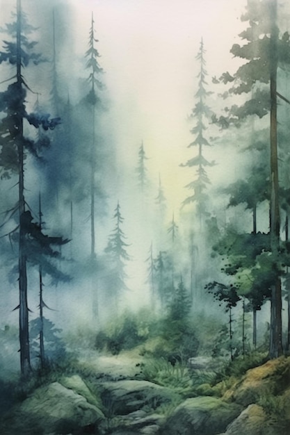 A painting of a path in a forest with a forest in the background.
