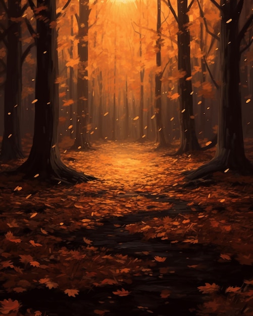 Painting of a path in a forest with leaves falling from the trees generative ai