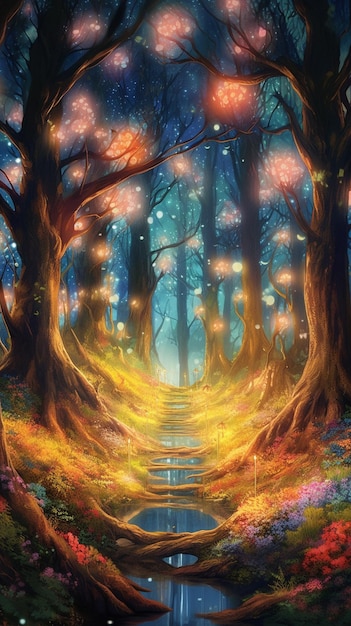 A painting of a path in a forest with lights on it.