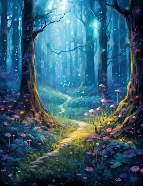 Painting of a path in a forest with mushrooms and flowers generative ai