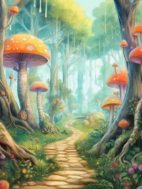 Painting of a path in a forest with mushrooms and trees generative ai