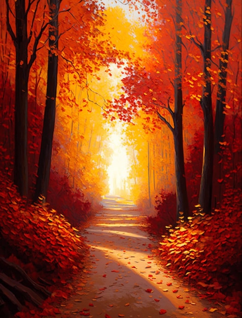 A painting of a path in a forest with red leaves