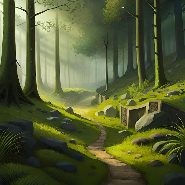 A painting of a path in a forest with a stone path leading to the right.