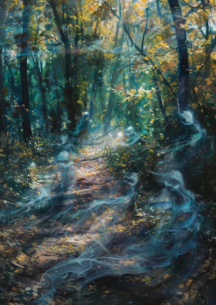 Foto pittura di un sentiero in una foresta con un ruscello di acqua generativa ai