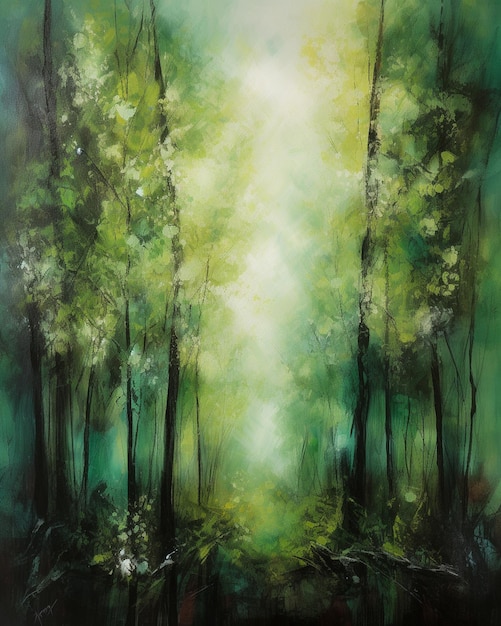 A painting of a path in the forest with the sun shining on it.