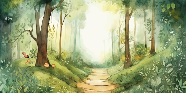 A painting of a path in a forest with a tree on the left side.