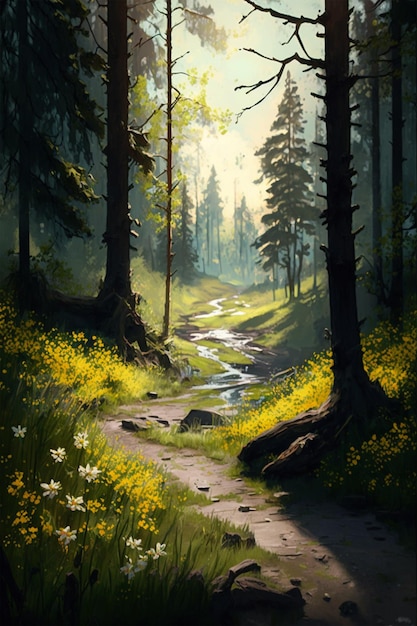 A painting of a path in a forest with yellow flowers.