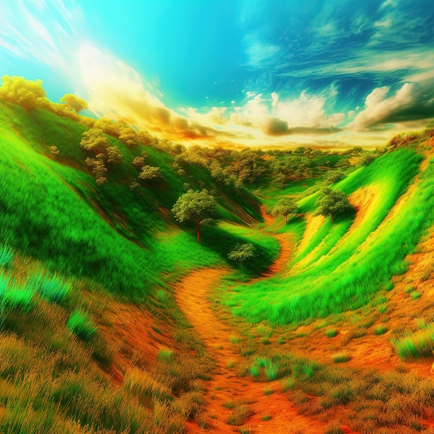 A painting of a path in a green field with the sun shining on it.