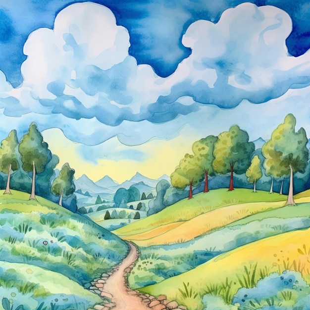 Photo painting of a path in a green field with trees and hills generative ai