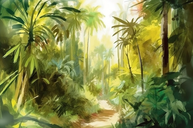 A painting of a path in the jungle