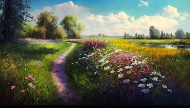 A painting of a path leading to a field of flowers.