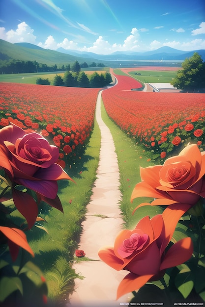 Foto un dipinto di un sentiero che conduce a un campo di rose rosse.