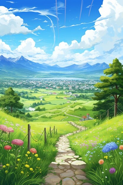 A painting of a path leading to a green valley with flowers generative ai