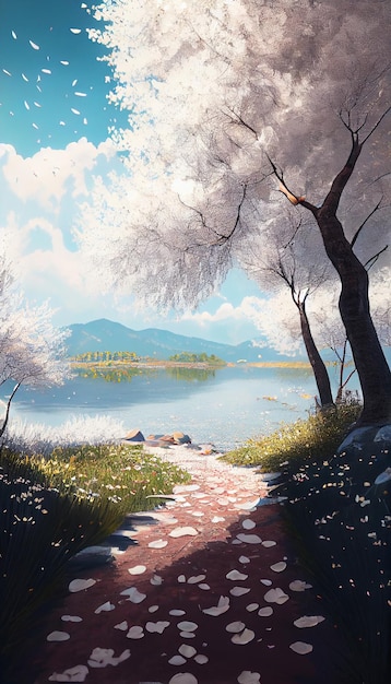 Painting of a path leading to a lake generative ai