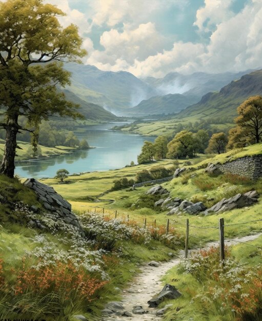 Painting of a path leading to a lake in a mountainous area generative ai