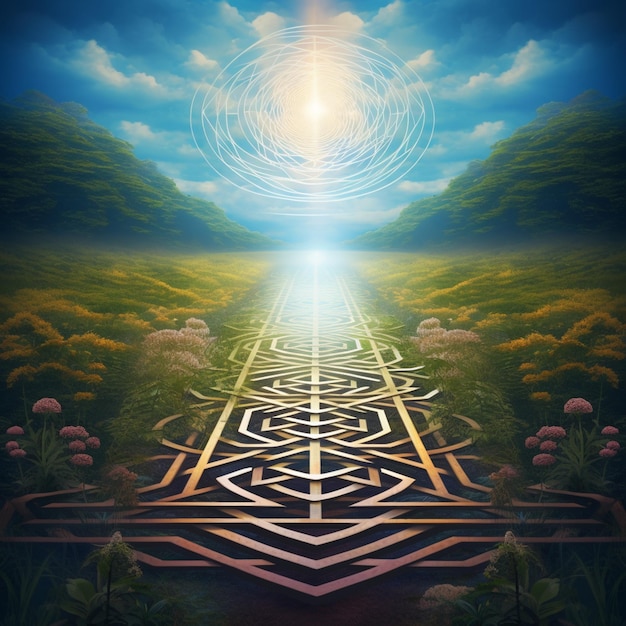 Photo painting of a path leading to a light in a field generative ai