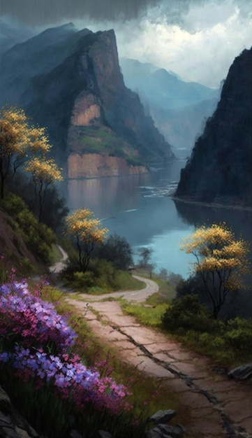 Painting of a path leading to mountain with lake generative ai