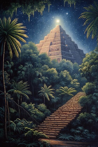 a painting of a path leading to the pyramids