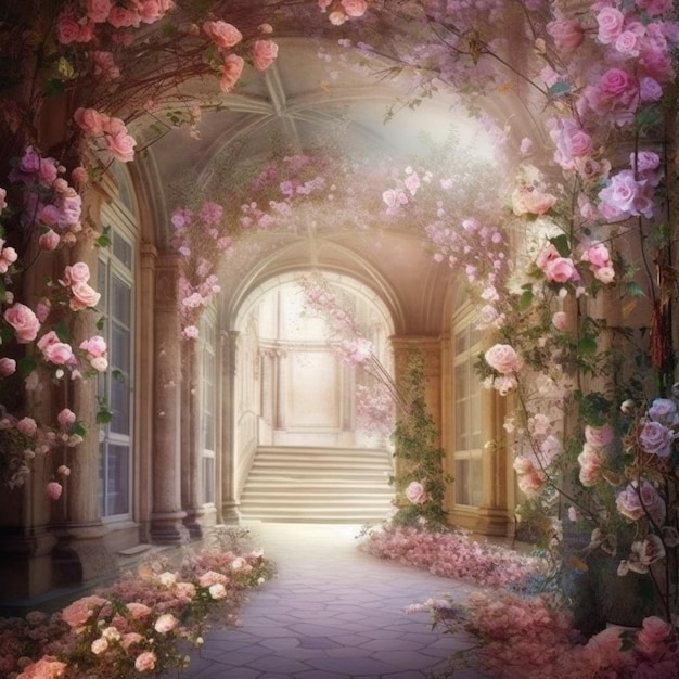 A painting of a path leading to a staircase with roses on it.