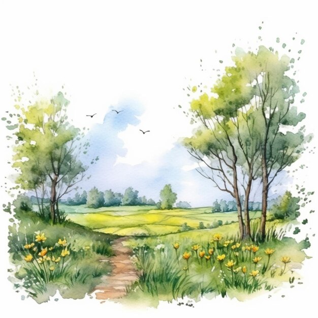 a painting of a path leading through a field with trees generative ai