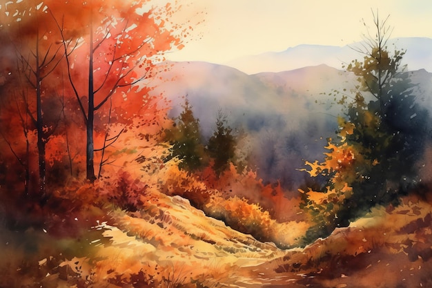 A painting of a path in the mountains