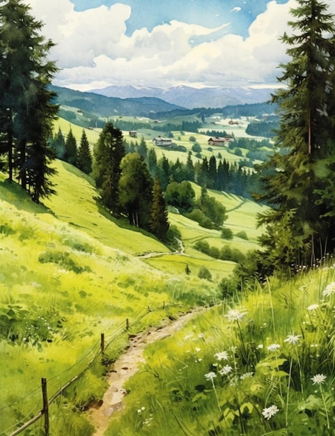 Photo a painting of a path in the mountains