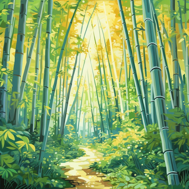 화려한 빛으로 대나무 숲을 가로질러 가는 길의 그림