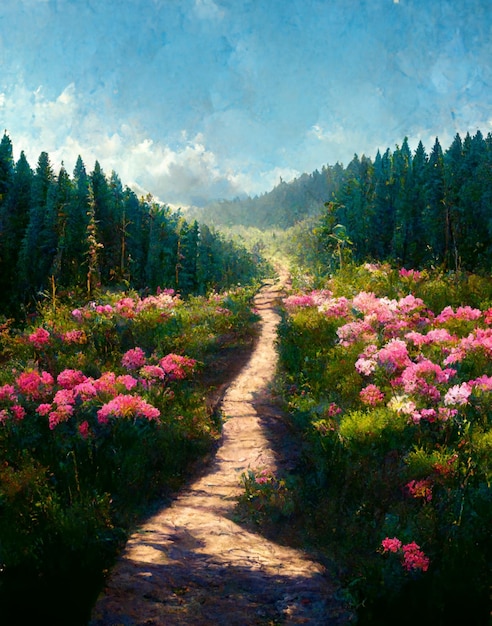 Painting of a path through a field of flowers generative ai