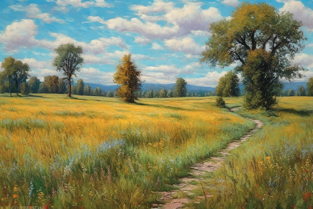 A painting of a path through a field of grass