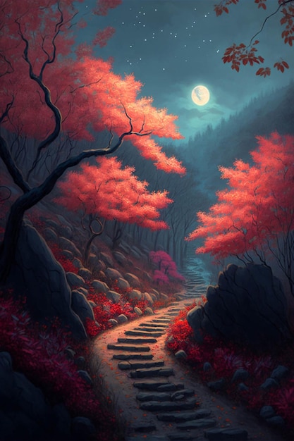 Painting of a path through a forest at night generative ai