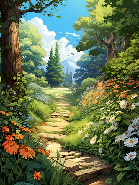 A painting of a path through a forest with flowers and trees generative ai