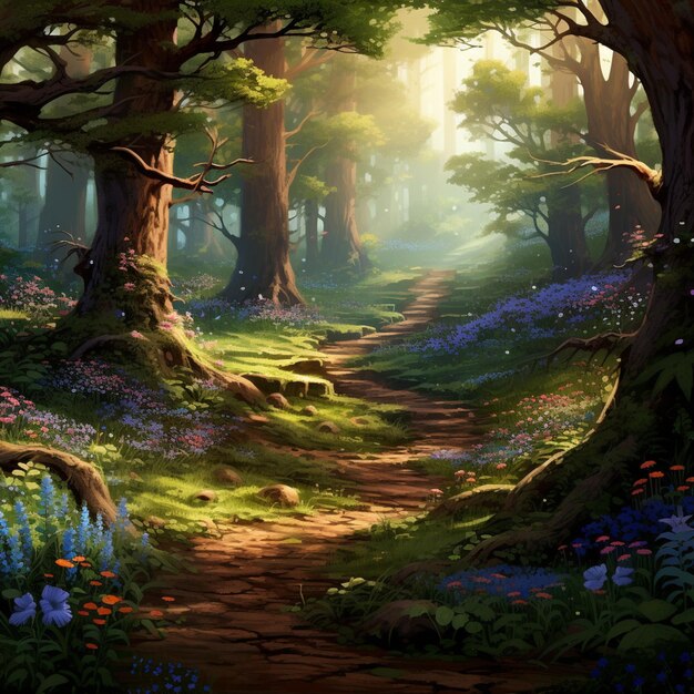 anime scenery of a forest with a path and flowers. generative ai