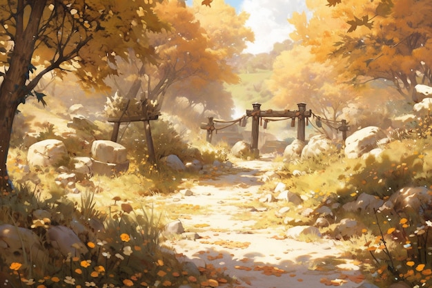 門と花のある森の小道の絵生成ai