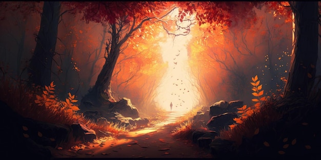 A painting of a path through a forest with a light in the middle.