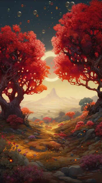 A painting of a path through a forest with a mountain in the background.