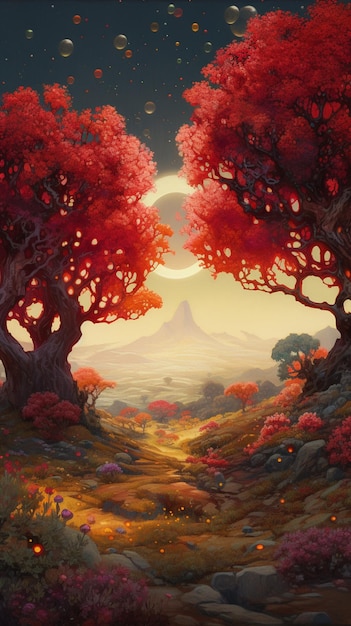 A painting of a path through a forest with a mountain in the background.