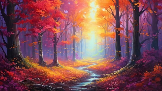 A painting of a path through a forest with a stream in the middle.