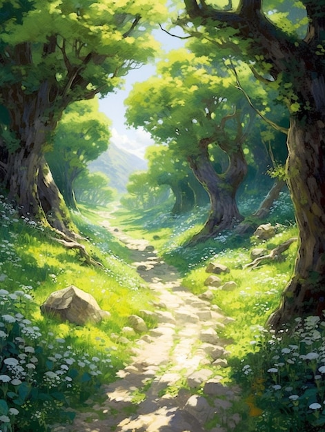painting of a path through a forest with trees and flowers generative ai