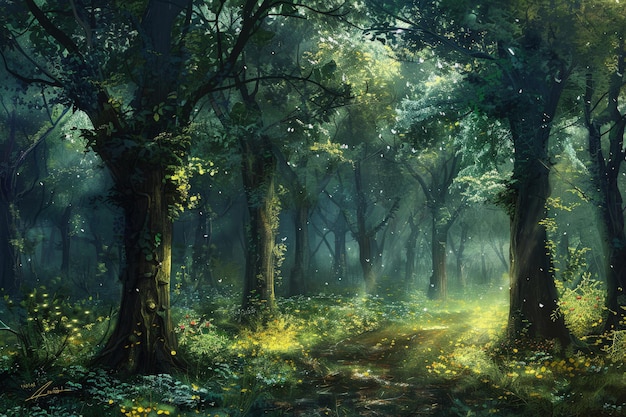 A painting of a path through a forest