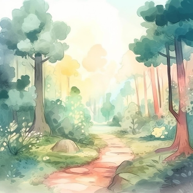 A painting of a path through the forest.