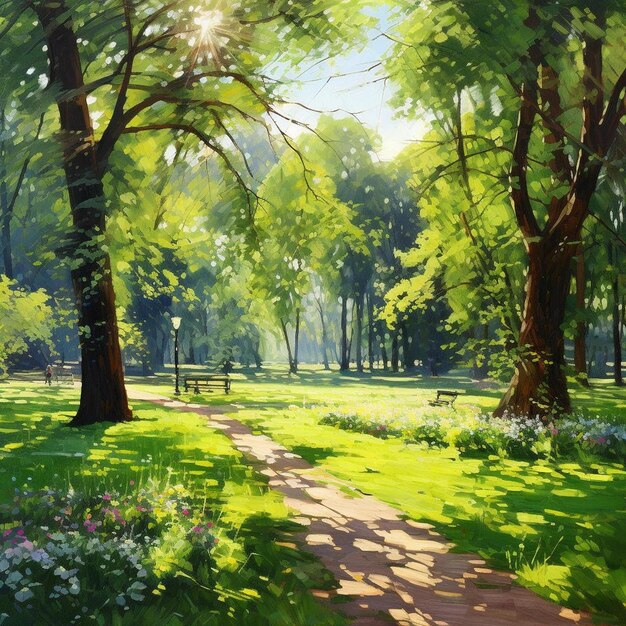 a painting of a path through a park