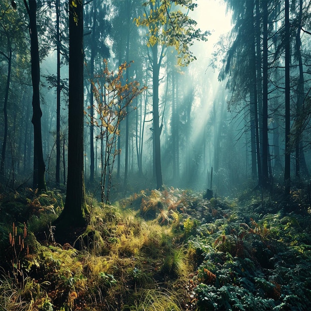 A painting of a path through a serene forest Ideal for nature enthusiasts and those seeking a sens