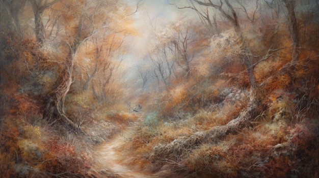 A painting of a path through the woods