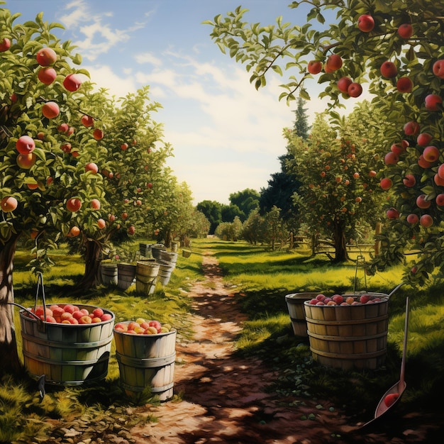 painting of a path with buckets of apples in an orchard generative ai